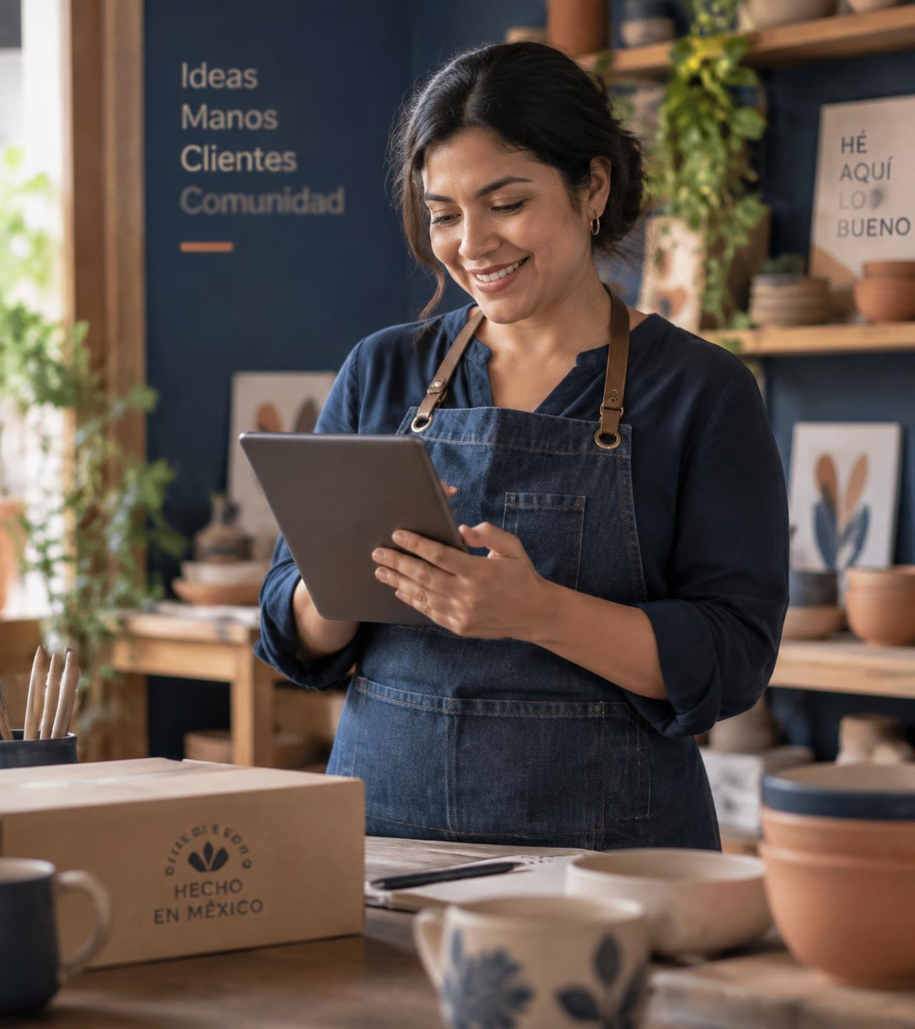 Empresaria mexicana revisando su negocio